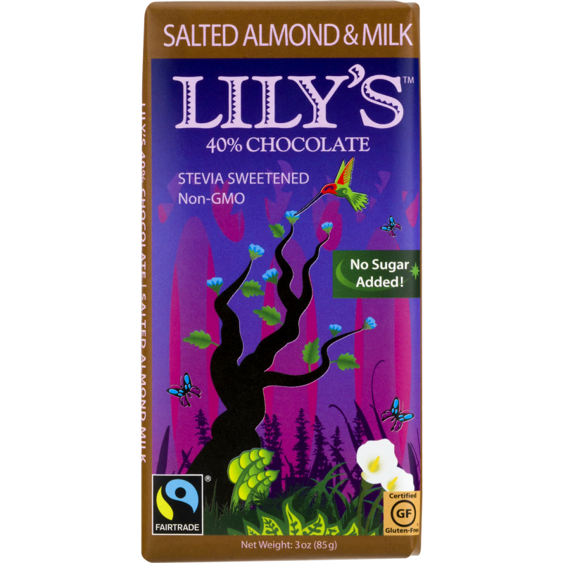Lily's Sweets 40% Milk Choc Salted Almond Bar Stevia 85g
