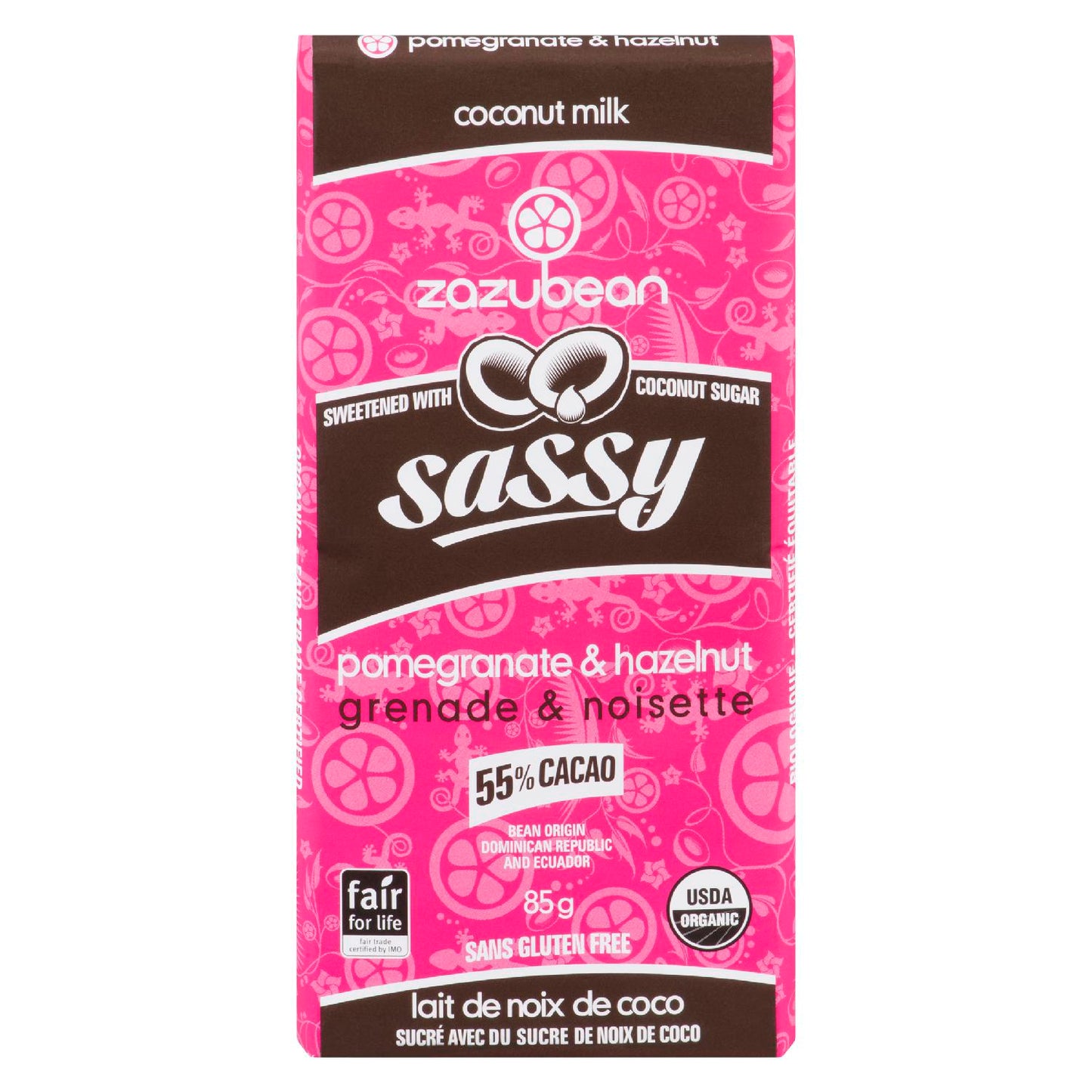 Zazubean Sassy Organic Pomegranate & Hazelnut Chocolate 55% Cacao 58g