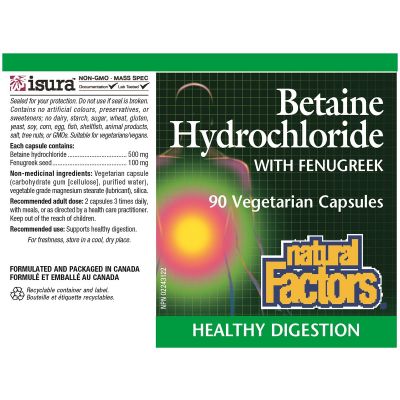 Natural Factors Betaine Hydrochloride With Fenugreek 90 Capsules
