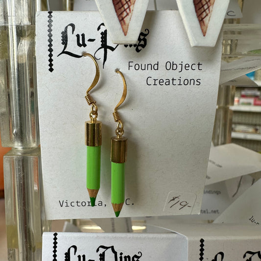 Lu-Pins Found Object Creations Green Pencil Earrings