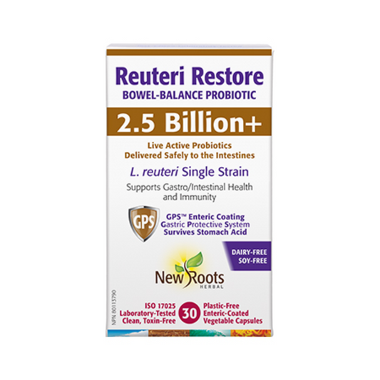 New Roots Reuteri Restore Bowel-Balance Probiotic · 2.5 Billion+ 30 Capsules