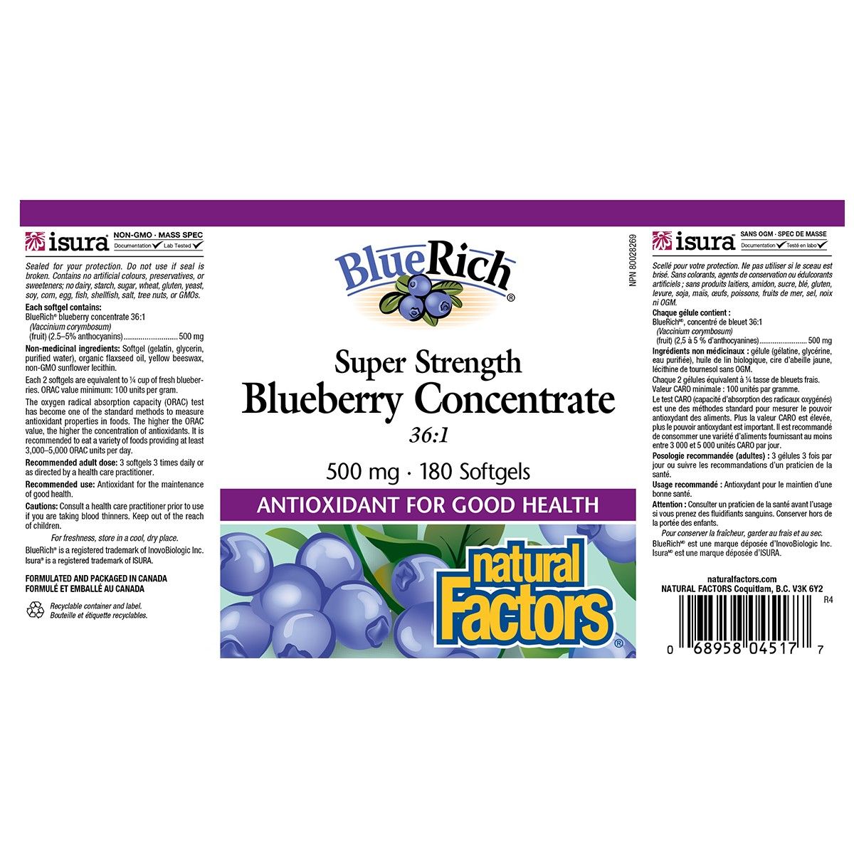 Natural Factors Super Strength Blueberry Concentrate 180 Softgels