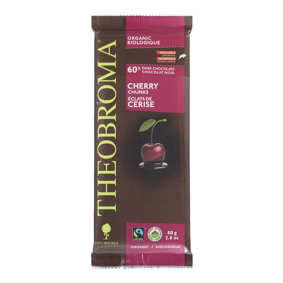 Theobroma 60% Dark Chocolate Cherry Chunks Bar 80g